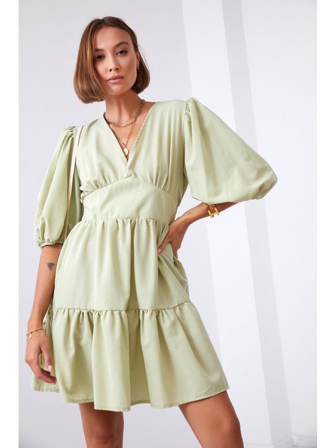 Rochie croita cu maneci umflate, verde masline FG651 - Magazin online - Boutique